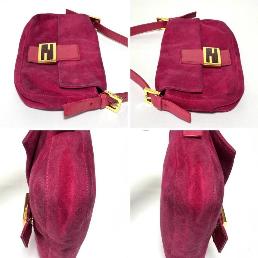 Authentic FENDI Mamma Baguette Pink Suede Gold Glitter Flap Shoulder Bag Purse - Picture 6 of 8